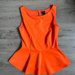 Orange Pepblum Shirt Sleeveless Blouse Tank Top Bisou Bisou w Keyhole Back Small